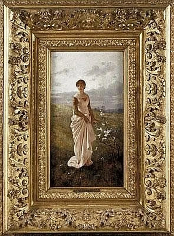 Eduard Niczky - Ragazza al cespuglio con rami fioriti in un paesaggio primaverile